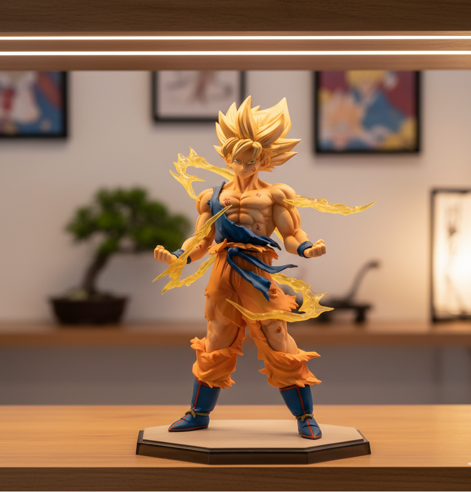 Super Saiyan Goku figurine on a wooden stand with a blurred indoor background